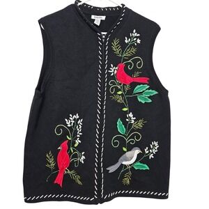 VTG Cardinal Bird Embroidered‎ Sweater Vest 1X Cotton FullZipCottagecore Nature